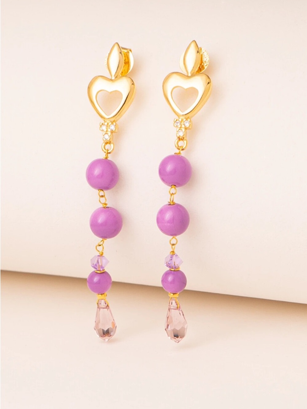 Gold & Purple Heart Drop Earrings - Women Jewelry